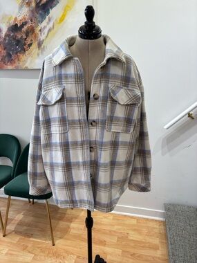Garage Cream & Light Blue Plaid Shacket